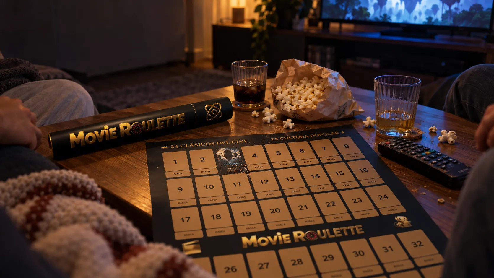 Póster de Movie Roulette sobre la mesa del salón, junto a palomitas, el mando y la tele encendida