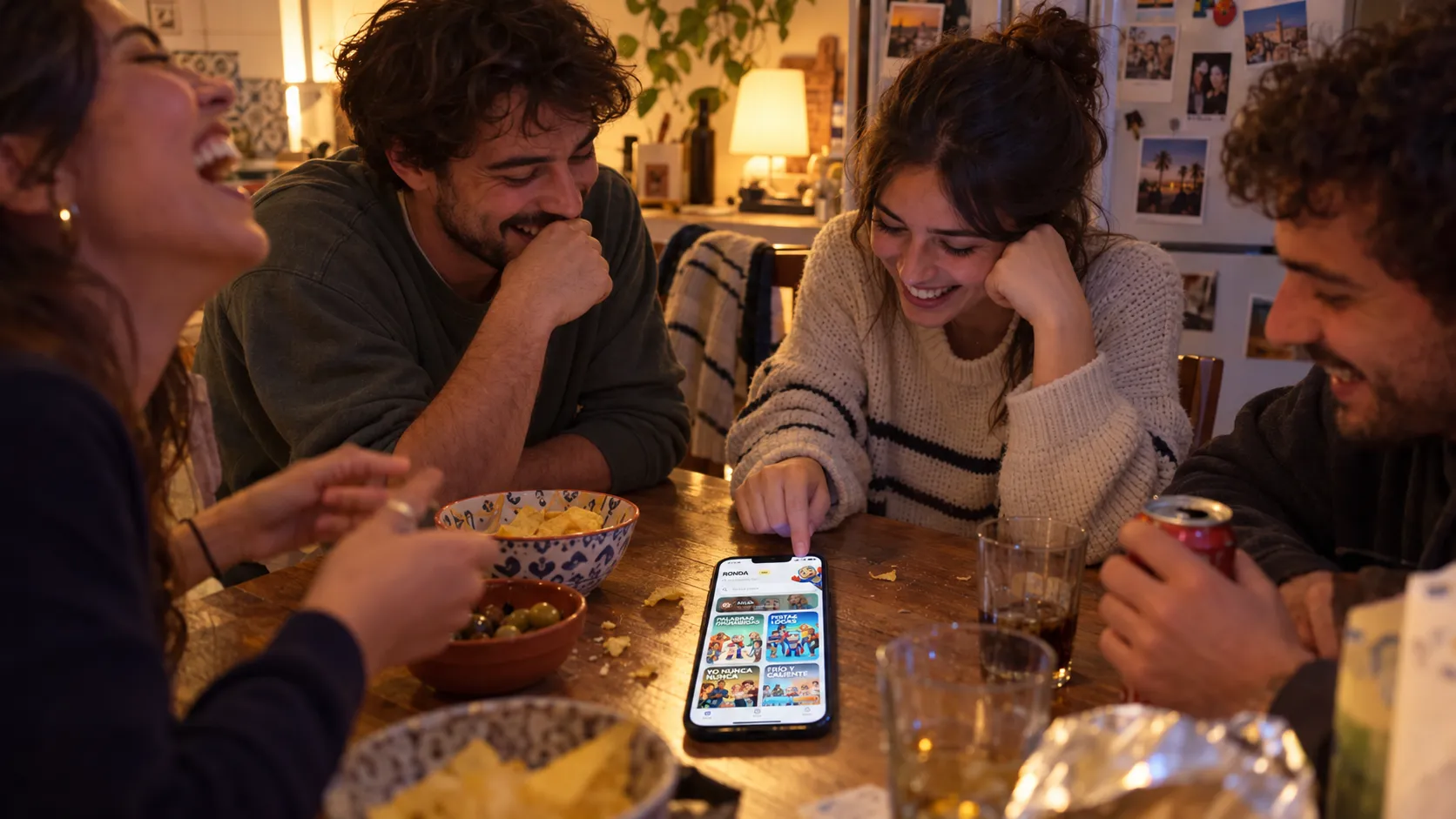 Cuatro amigos se ríen alrededor de una mesa por la noche mientras una de ellas elige un juego en la app Ronda