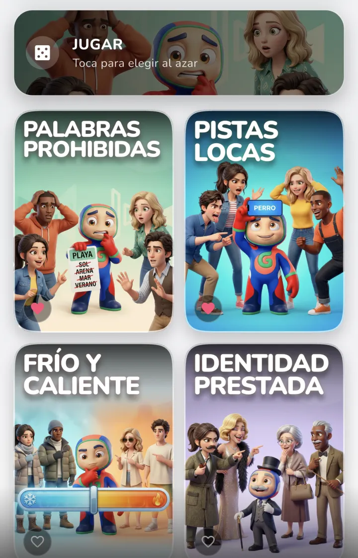 Pantalla de inicio de la app Ronda: botón Jugar al azar y juegos como Palabras prohibidas y Pistas locas