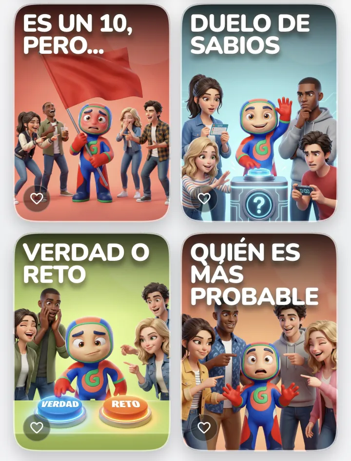 Catálogo de juegos de Ronda: Es un 10 pero…, Duelo de sabios, Verdad o reto y Quién es más probable